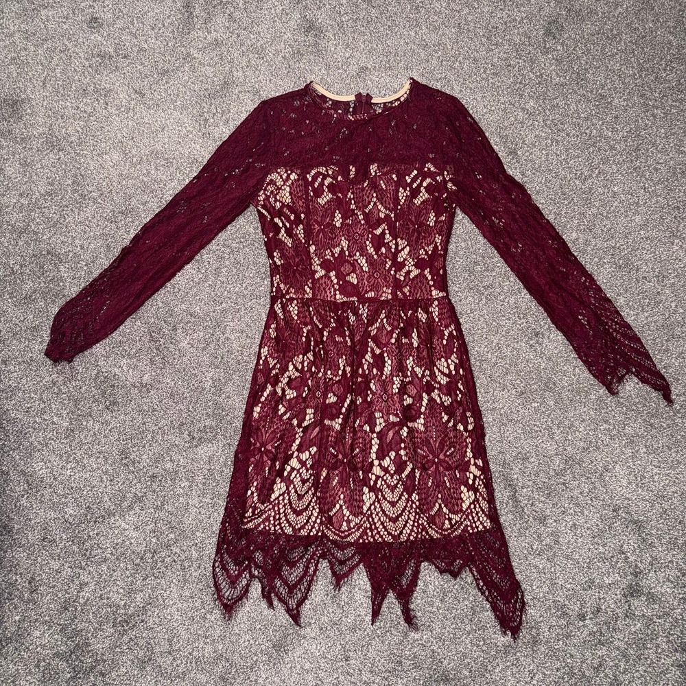 Women's Long Sleeve Maroon Lace Overlay Dress w/ Nude Lining‎